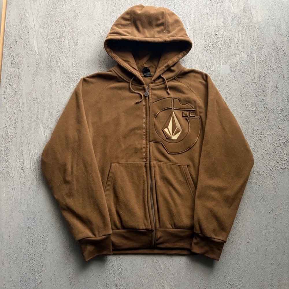 Vintage Volcom Zip Up Hoodie Large Brown 2000s Y2K Embroidered Logo Skater